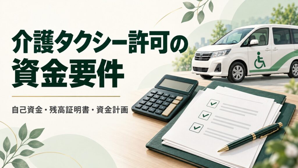 介護タクシー許可の資金要件。自己資金・残高証明書・資金計画をイメージした車両、電卓と書類
