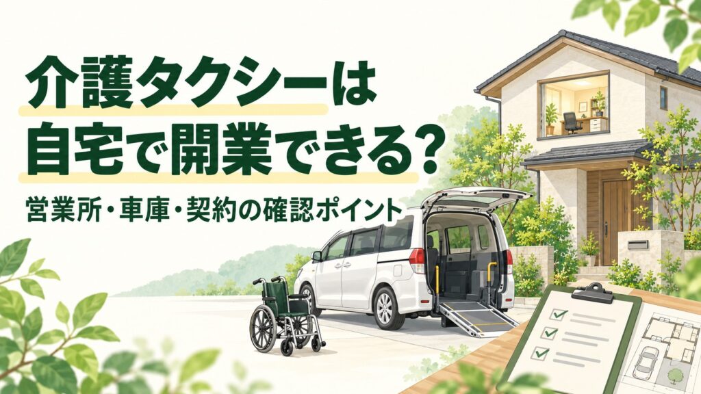 介護タクシーは自宅で開業できる?住宅、福祉車両、車いす、確認書類を描いた自宅開業のイラスト