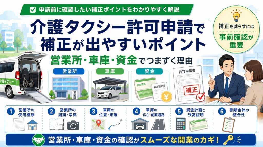 介護タクシー許可申請で補正が出やすい営業所・車庫・資金の確認ポイントを解説するアイキャッチ画像