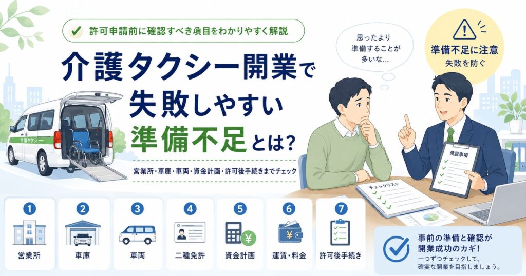 介護タクシー開業で失敗しやすい準備不足と、許可申請前に確認すべき営業所・車庫・車両・資金計画などの項目を解説するアイキャッチ画像
