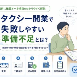 介護タクシー開業で失敗しやすい準備不足と、許可申請前に確認すべき営業所・車庫・車両・資金計画などの項目を解説するアイキャッチ画像