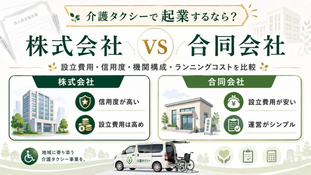 護タクシーで起業する際の株式会社と合同会社の違いを比較するアイキャッチ画像