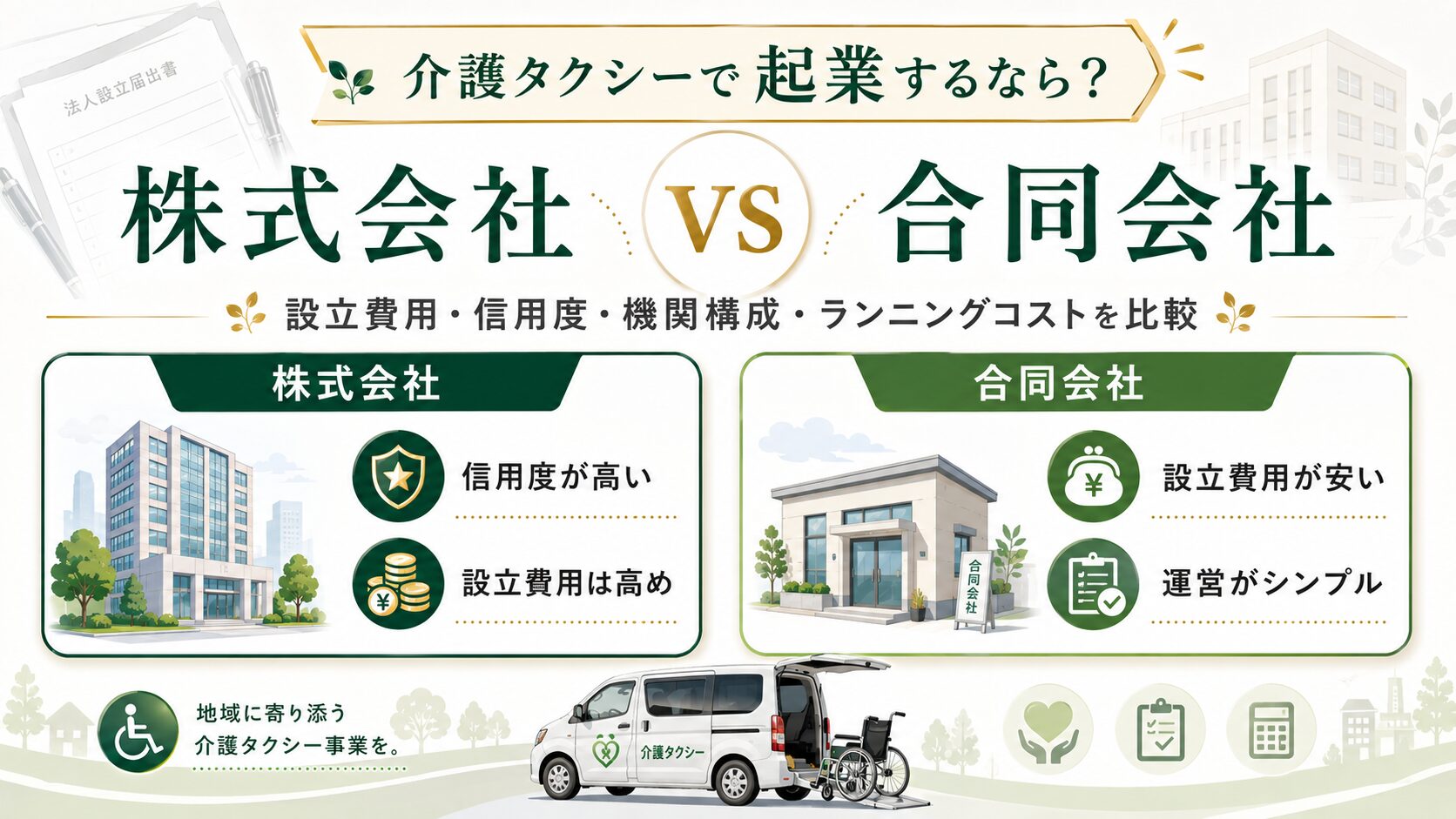 護タクシーで起業する際の株式会社と合同会社の違いを比較するアイキャッチ画像