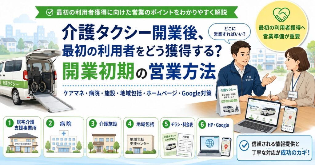 介護タクシー開業後の営業方法と、ケアマネジャー・病院・介護施設への集客方法を解説するアイキャッチ画像