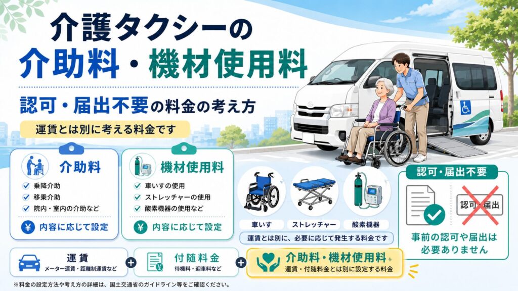 介護タクシーの介助料・機材使用料について、運賃とは別に設定できる料金であることを示した解説画像