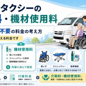 介護タクシーの介助料・機材使用料について、運賃とは別に設定できる料金であることを示した解説画像