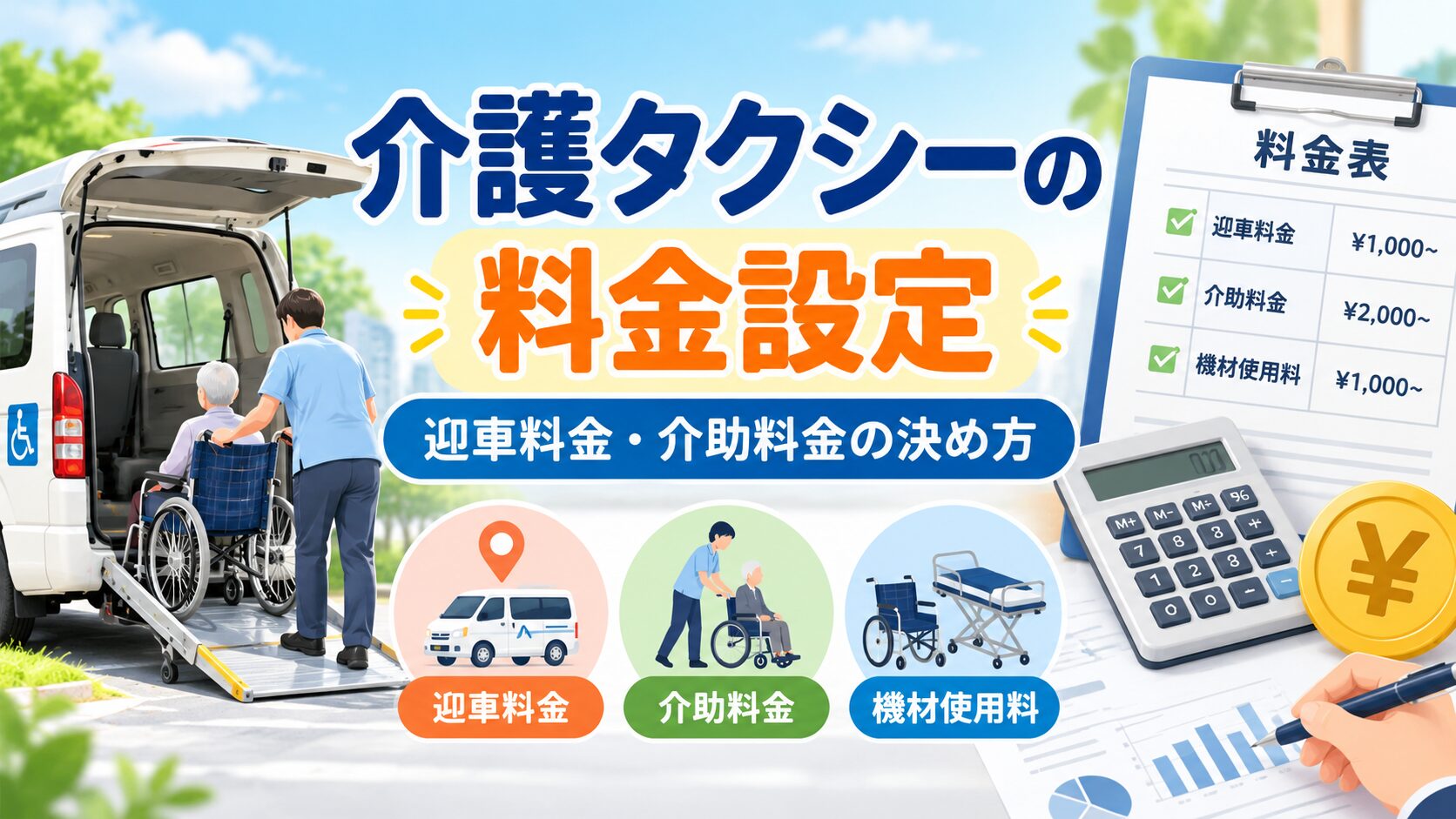 介護タクシーの迎車料金・介助料金・機材使用料の設定方法を解説する画像