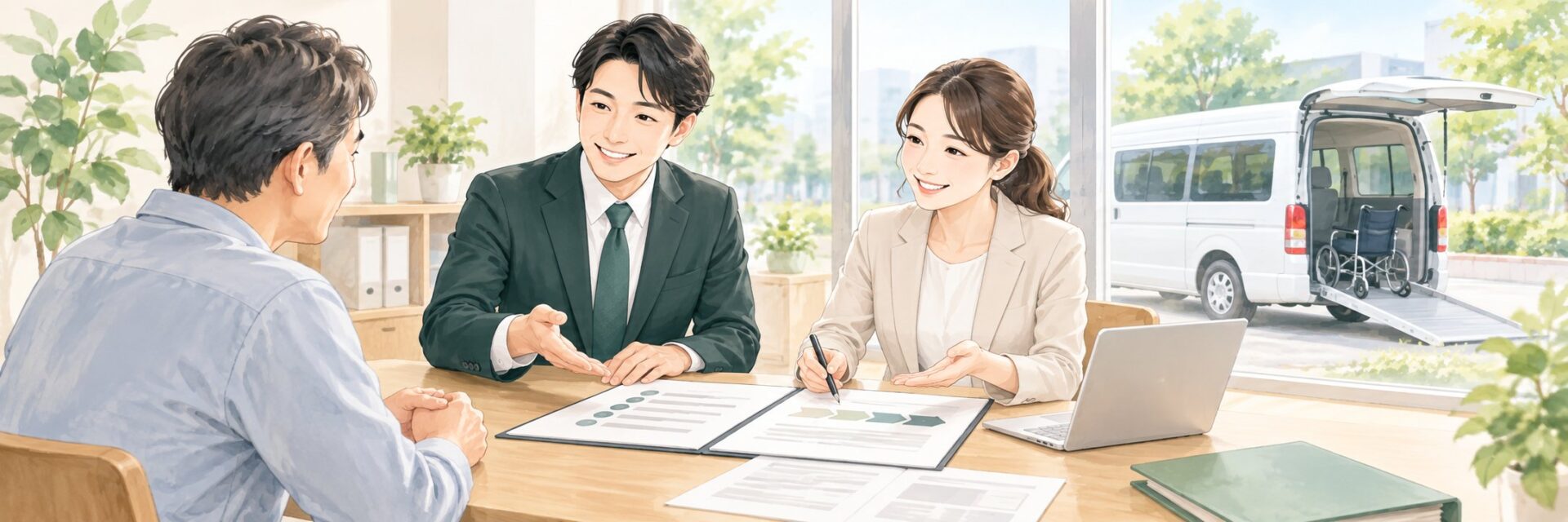 介護タクシーの開業準備について専門家と書類や手順を確認する相談風景のイラスト