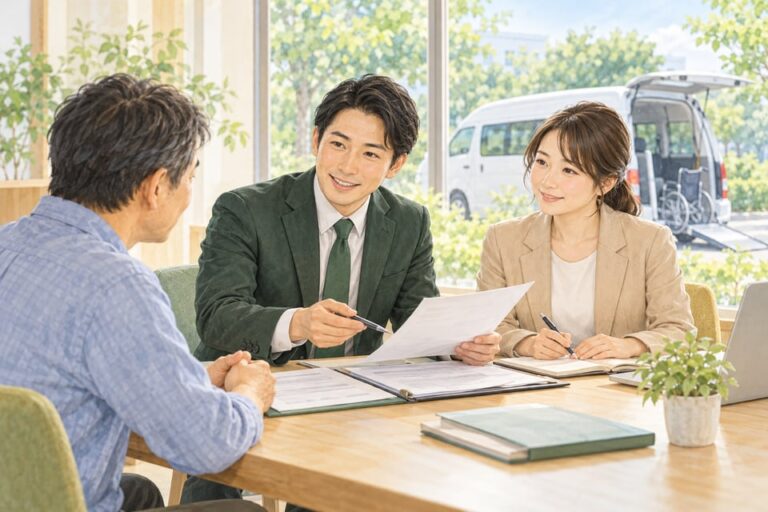 専門家が開業予定者の話を聞き、資料を一緒に確認するイラスト